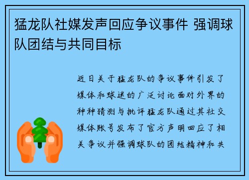 猛龙队社媒发声回应争议事件 强调球队团结与共同目标 猛龙队社媒发声回应争议事件 强调球队团结与共同目标